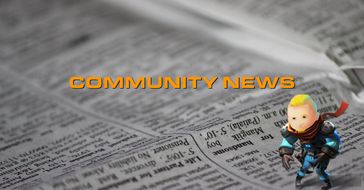 A newspaper with the words "Community News" superimposed over it, with the Trailmakers character for the Flashbulb Community Manager, Mikkel off to the right side.