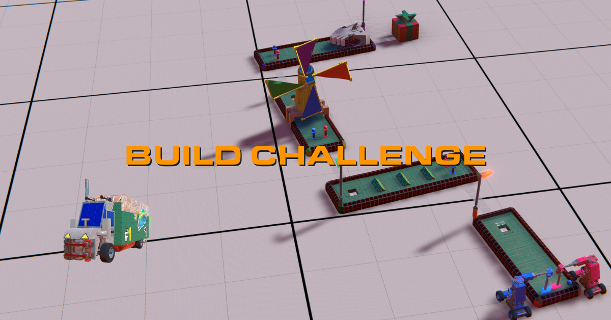 A picture showing the text "Build Challenge" with a screenshot of the Test Zone area from Trailmakers in the back. A mini golf course and a small truck can be seen, in addition to the Trailmakers character for Community Manager Mikkel